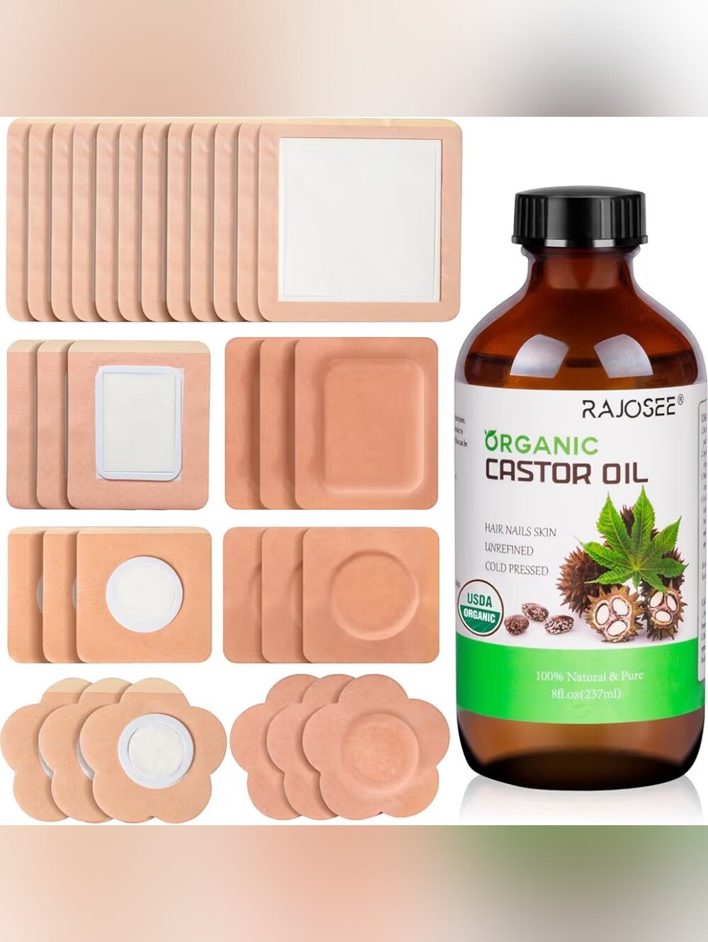 Castor Oil Pack Set w/ Organic Castor Oil, 32PCS Wellness Wrap Kit